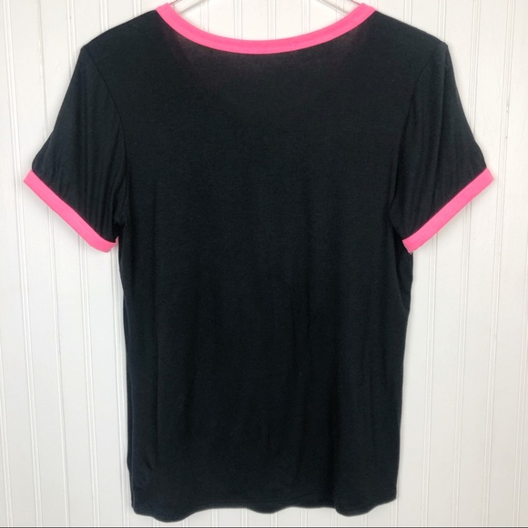 Tops | Neon Pink Lips Black Ringer Tee | Poshmark